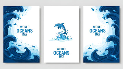 Blue ocean waves and dolphin triptych artwork