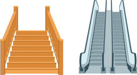 Wooden staircase with handrails next to modern electric escalator for building interior architectural vector illustration design