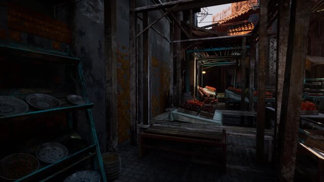 dusk narrow market alley with crates, terracotta vase and weathered wooden stalls silent artisan stall scene with warm backlight, peeling brick walls, stacked