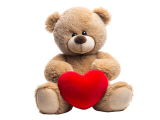 Obraz premium Close up teddy bear holding red heart sitting on white background isolated on a transparent background