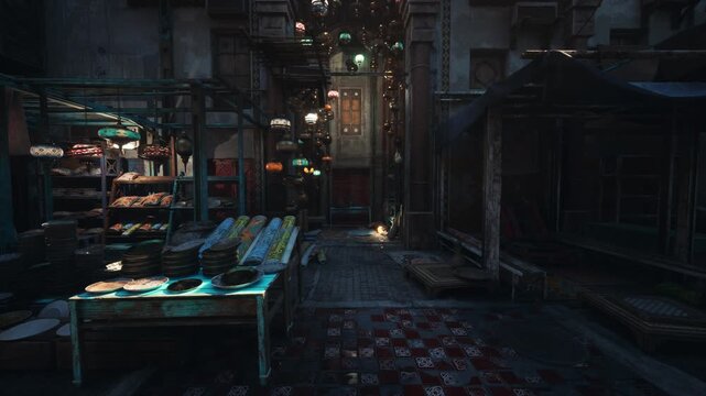 dimly lit empty urban market alley soaked with rain, wet cobblestone reflecting neon glow, wooden stalls stacked with produce and crates, lanterns hanging