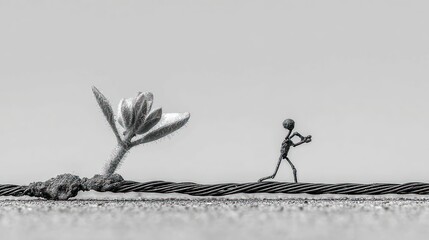 Man pulling rope with growing plant.