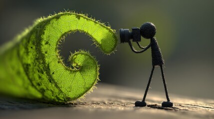 Man with Camera Photographing Curled Leaf.