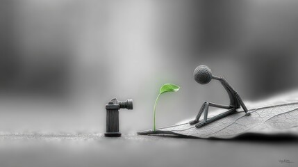 Mannequin watering plant in glass with camera.