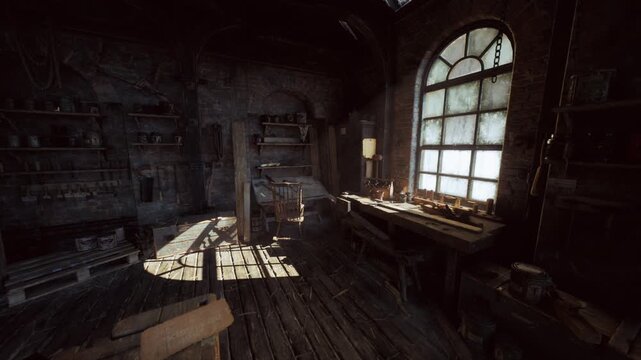 sunlit workshop interior with dust particles, arched window casting warm beams across worn wooden floor and bench, scattered hand tools and vintage plans, rough