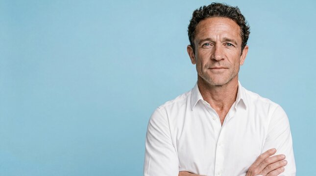 Middle-aged  man with curly dark hair, wearing a white shirt, stands confidently with arms crossed against a light blue background.