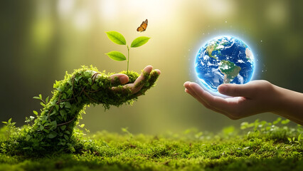 Hands nurturing the earth with a green plant and glowing globe