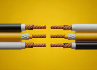 Cable wires with exposed copper strands on yellow background  electrical components