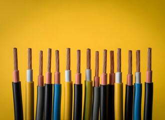 Colorful insulated copper electrical wires with exposed copper strands on yellow background