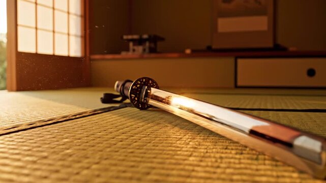 Samurai sword on tatami mat in traditional Japanese room.