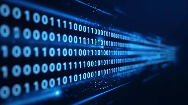 Abstract digital stream of binary code in glowing blue light, representing data flow and technology
