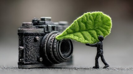 Miniature Man Holding Large Green Leaf Near Camera.
