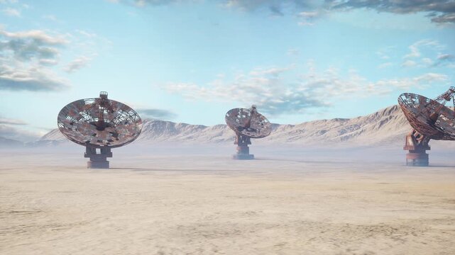 desert satellite array under bright sky, rusted parabolic dishes on pedestals across barren plain, distant rocky ridge, thin clouds and dust haze, cinematic