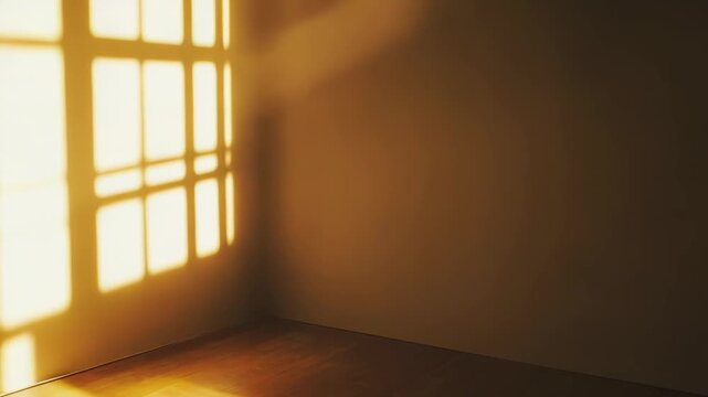 Warm sunlight streams through a window, creating strong abstract grid patterns and diagonal beams of light across an empty room's wall and wooden floor, symbolizing hope and new beginnings