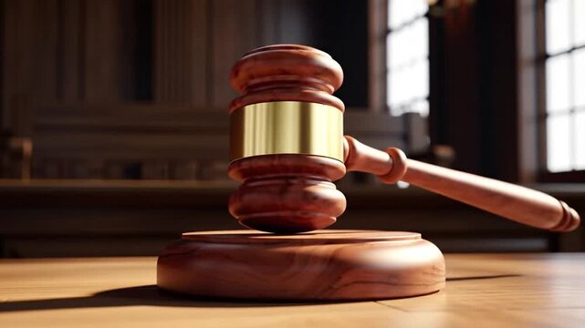 Judge Gavel in Courtroom Setting Closeup.