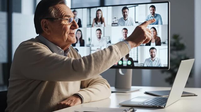 Senior man in glasses pointing at large computer monitor with multiple people on video call in modern office environment