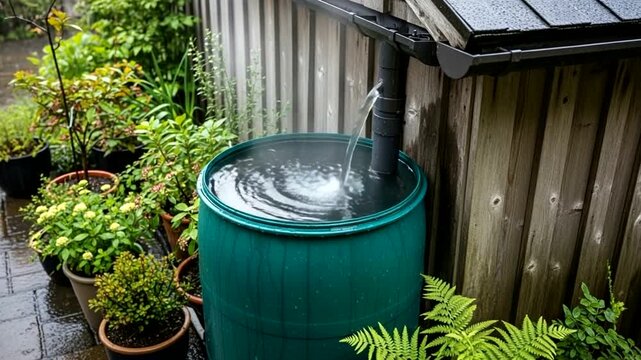 Rainwater Collection Barrel Surrounded by Greenery