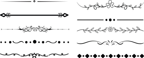 Obraz premium Set of black decorative line dividers with simple vintage ornaments and geometric vector designs.divider marker sketch doodle vector lines set element.set retro decorative page dividers design