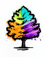 Stylized abstract tree illustration with a thick black outline and vibrant segmented colors