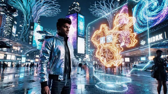 A futuristic cityscape at night with a man in a metallic jacket interacting with glowing blue lines and orbs in the air