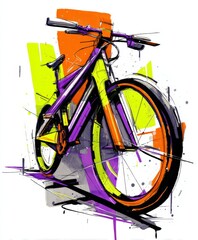 Stylized mountain bike design featuring bold purple and yellow color palette with grunge texture