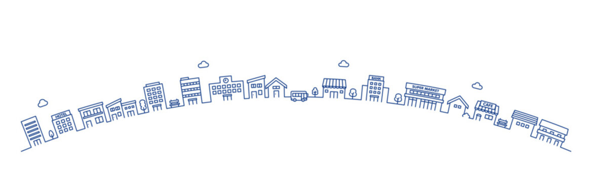 線画の街並みイラスト素材｜丘の上の家と建物 ベクター素材