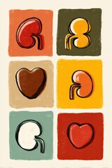 Collage of six hand-drawn internal organs including kidneys and hearts, displayed on various colored backgrounds