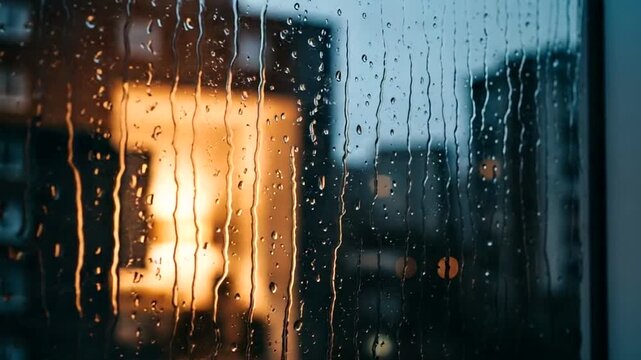 Rainy window view with city lights at dusk