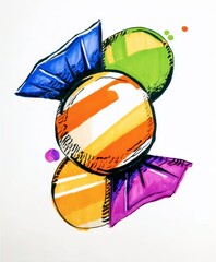 Whimsical wrapped hard candy illustration with vibrant marker colors and geometric abstract style