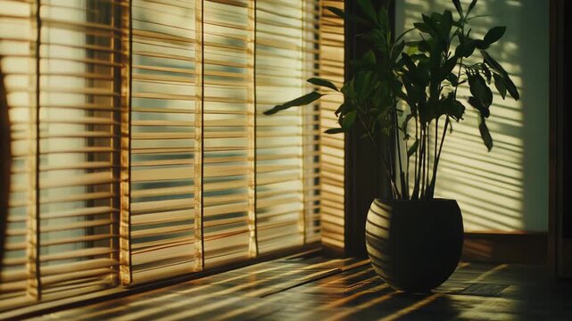 Natural light filtering through a window blind creating distinct striped shadow patterns on a potted green plant and wooden floor, illustrating a peaceful and cozy home environment