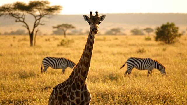 Graceful giraffe in African savanna with zebras grazing during golden hour sunset landscape scenery