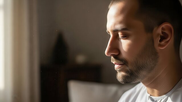 Close Up Profile of a Thoughtful Man Bathed in Soft Sunlight.