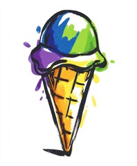 Abstract rainbow ice cream cone sketch with loose brushstrokes and watercolor splashes on white