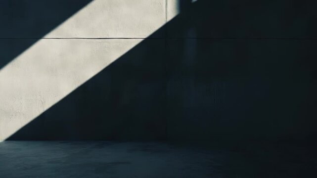 Stark concrete room interior featuring geometric patterns of bright sunlight and deep shadows falling across the textured wall and floor, creating an abstract background