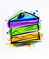 Layered rainbow cake slice drawing with vibrant blue green and orange stripes and paint dots