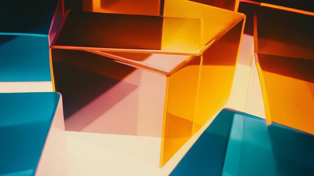 Abstract geometric blocks featuring transparency and vibrant colors reflect light and cast shadows, creating a dynamic, interconnected pattern for a modern background concept