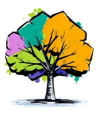Abstract broad tree illustration with vibrant, colorful foliage in teal, orange, purple, and green on white background