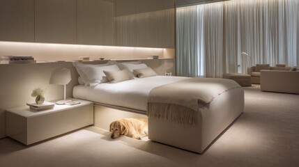 Modern bedroom with white furniture interior.