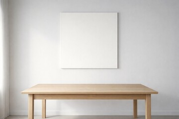 Fototapeta premium Minimal White Interior Background with Wooden Table and Centered Horizontal Blank Board
