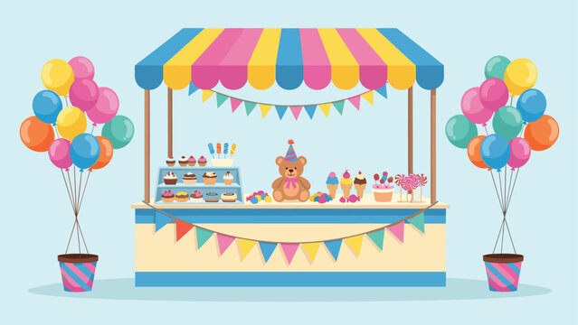 Colorful carnival sweet shop stall decorated with balloons and bunting offers treats like cupcakes, candy, and ice cream.