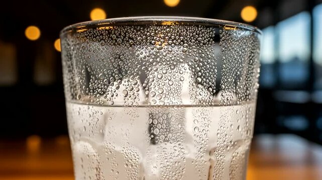 Refreshing glass of iced water with condensation indoors