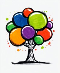 Abstract colorful tree with balloon-like shapes, playful and vibrant illustration featuring various bright hues