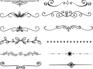 Set of black decorative line dividers with simple vintage ornaments and geometric vector designs.divider marker sketch doodle vector lines set element.set retro decorative page dividers design