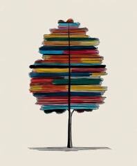 Graphic minimalist tree concept formed by horizontal colorful stripes and bold black trunk against beige backdrop