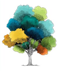 Hand drawn ink and watercolor tree illustration with teal blue and yellow foliage clusters on white paper