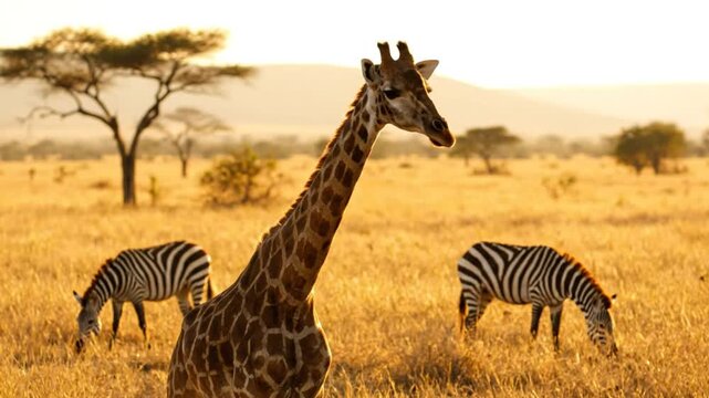Graceful Giraffe and Zebras Grazing in the Golden Savannah at Sunrise: Peaceful African Wildlife