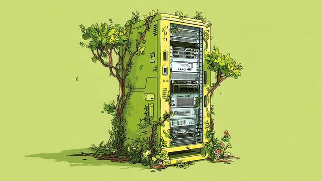 Futuristic green computing with holographic screens concept. A server integrated with lush greenery symbolizes eco-friendly technology.