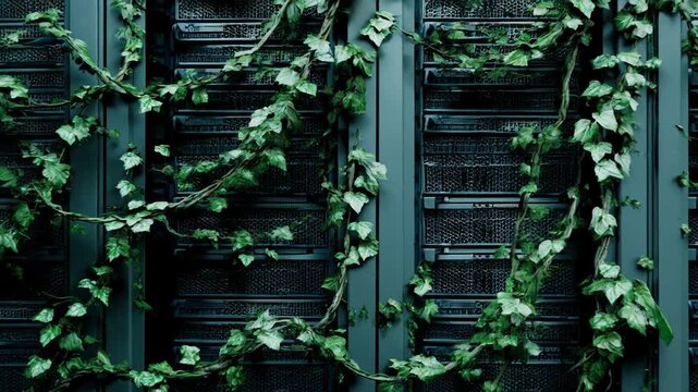 Futuristic green computing with holographic screens concept. Server racks intertwined with ivy, symbolizing eco-friendly technology.