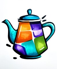 Vibrant illustration of a teapot with a geometric patchwork design in shades of blue, orange, purple, and green