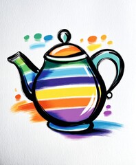 Stylized rainbow striped teapot with colorful paint splatters and brush strokes on white background